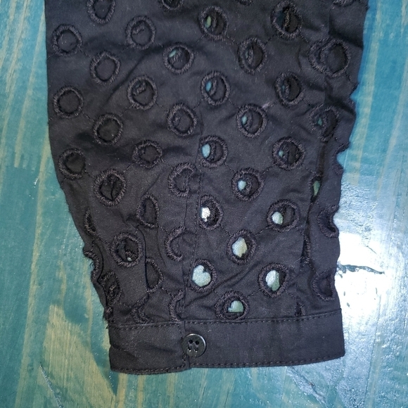 Long Sleeve Black Buttondown with Mesh Eyelet Cut Top 4 Petite - Picture 11 of 12